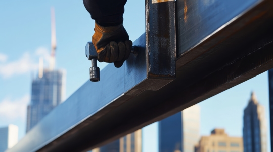 A construction worker holds a metal beam, indicating active participation in a construction project.