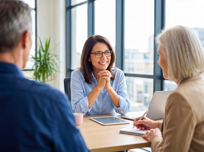 Woman at desk talking to clients
